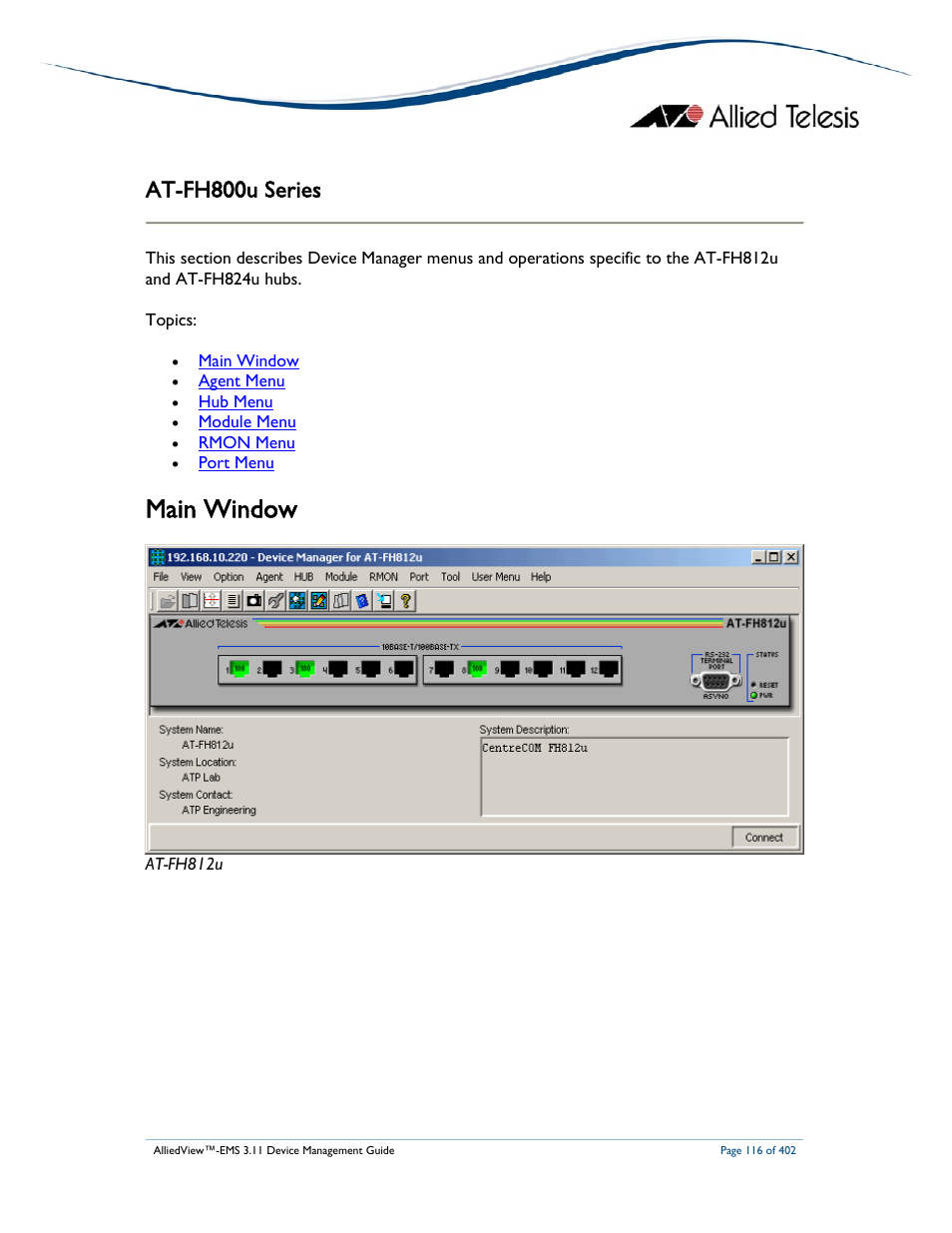Main window, At-fh800u series | Allied Telesis AlliedView-EMS 3.11 DEVICE MANAGEMENT User Manual | Page 116 / 402