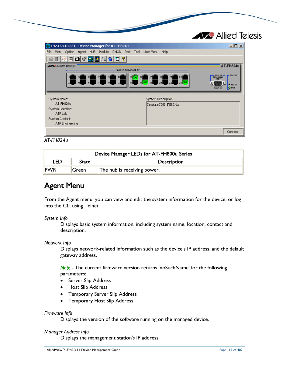 Agent menu | Allied Telesis AlliedView-EMS 3.11 DEVICE MANAGEMENT User Manual | Page 117 / 402