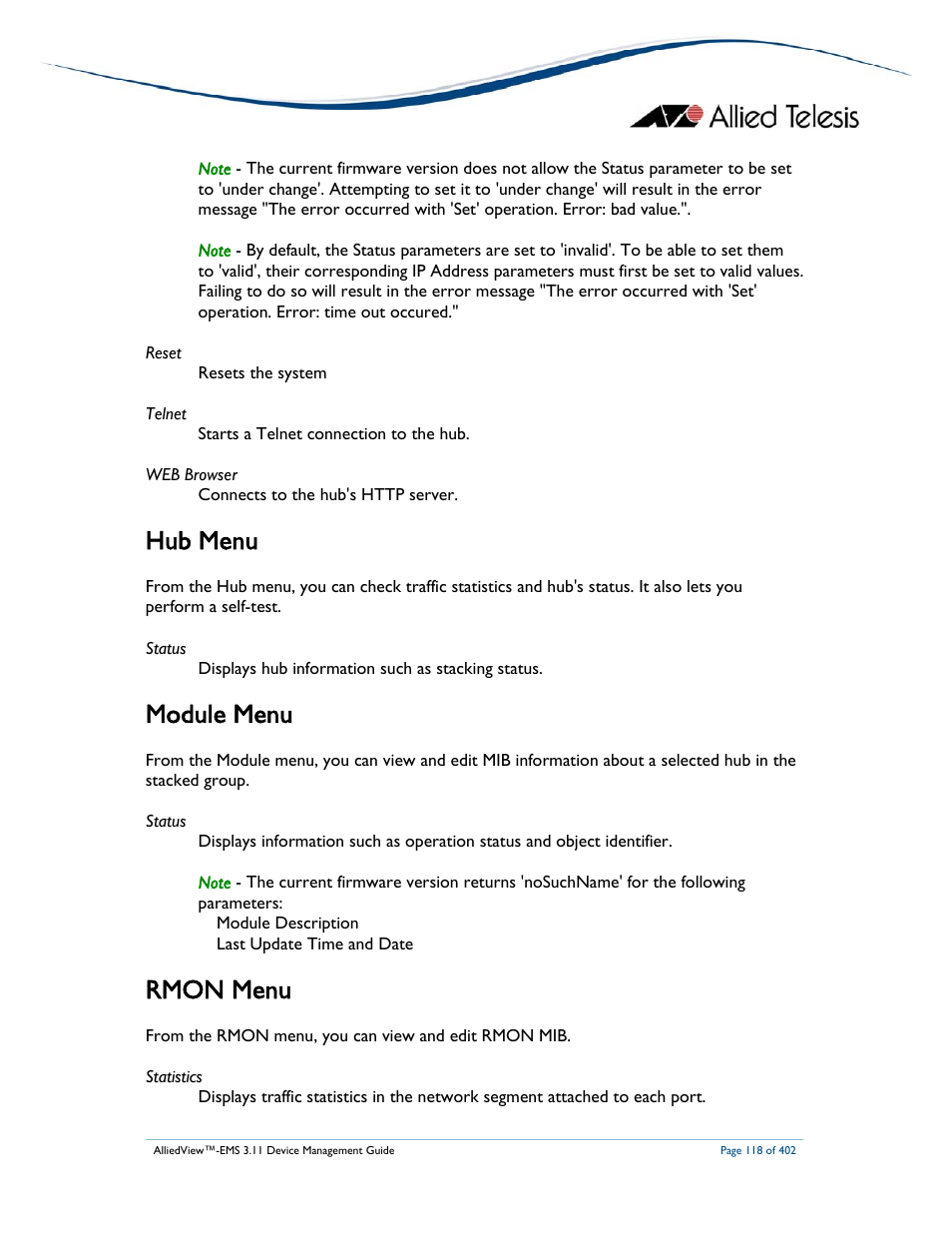 Hub menu, Module menu, Rmon menu | Allied Telesis AlliedView-EMS 3.11 DEVICE MANAGEMENT User Manual | Page 118 / 402