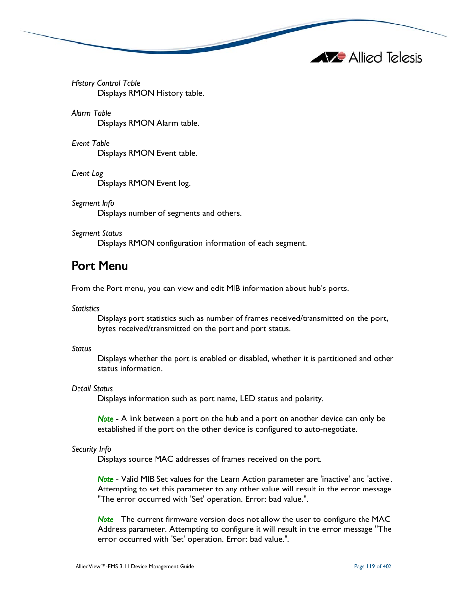 Port menu | Allied Telesis AlliedView-EMS 3.11 DEVICE MANAGEMENT User Manual | Page 119 / 402