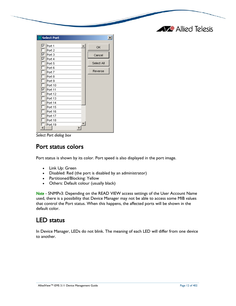 Port status colors, Led status | Allied Telesis AlliedView-EMS 3.11 DEVICE MANAGEMENT User Manual | Page 12 / 402