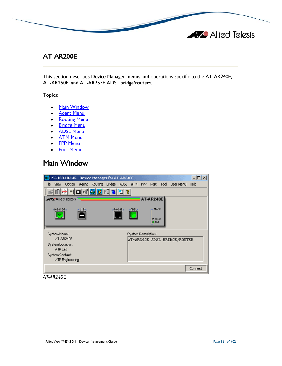 Main window, At-ar200e | Allied Telesis AlliedView-EMS 3.11 DEVICE MANAGEMENT User Manual | Page 121 / 402