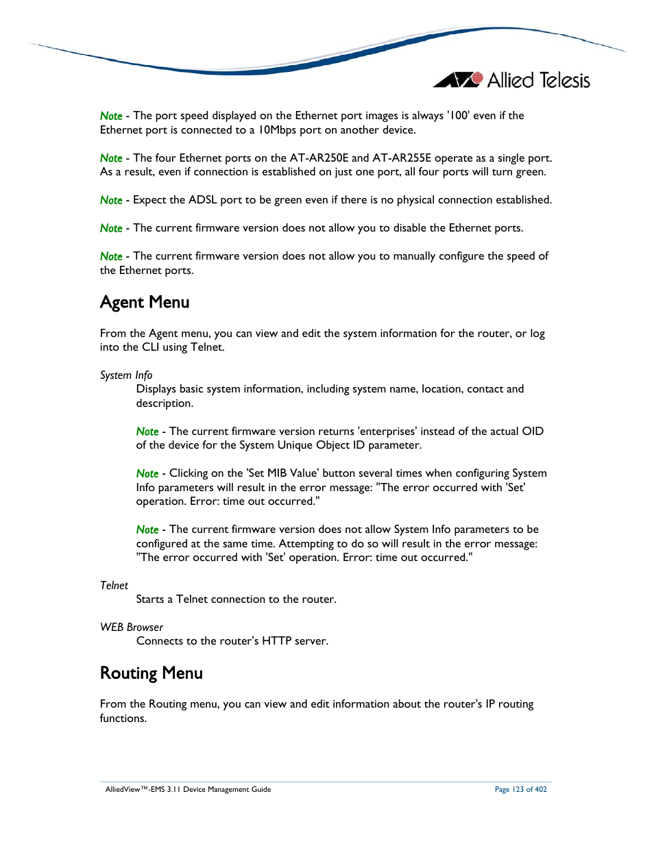 Agent menu, Routing menu | Allied Telesis AlliedView-EMS 3.11 DEVICE MANAGEMENT User Manual | Page 123 / 402
