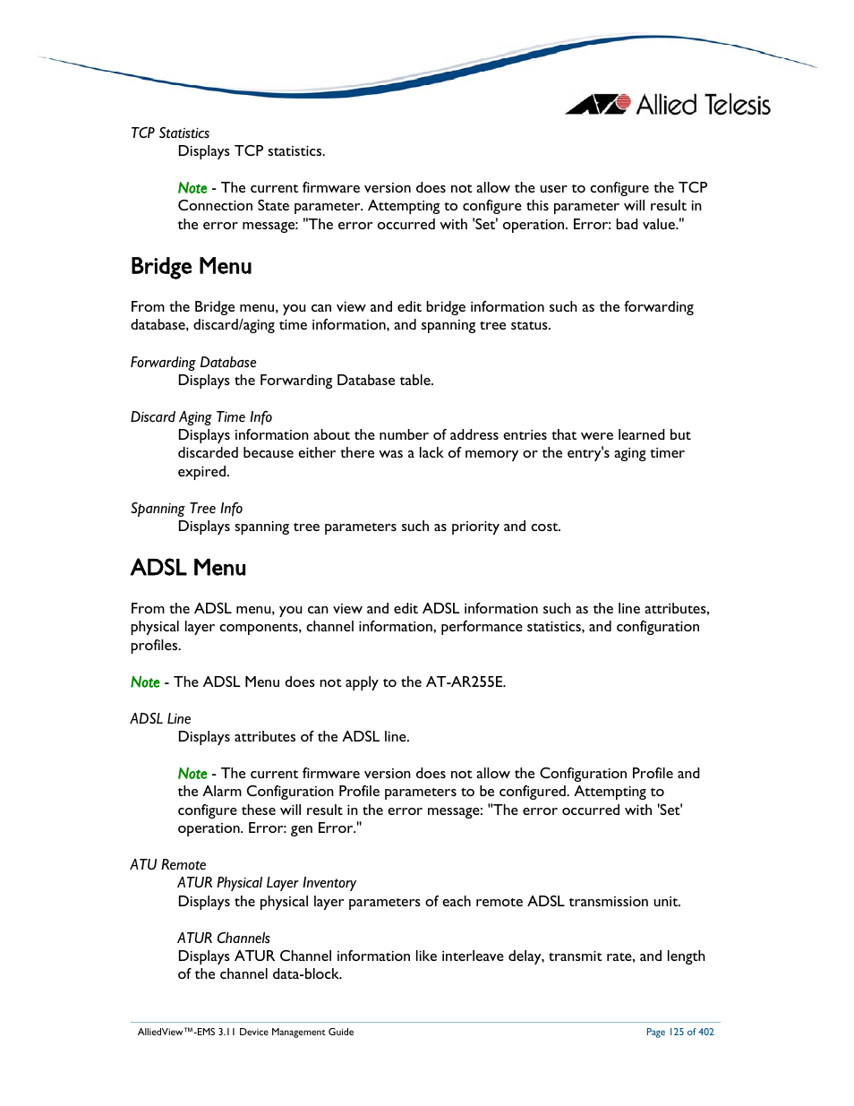 Bridge menu, Adsl menu | Allied Telesis AlliedView-EMS 3.11 DEVICE MANAGEMENT User Manual | Page 125 / 402