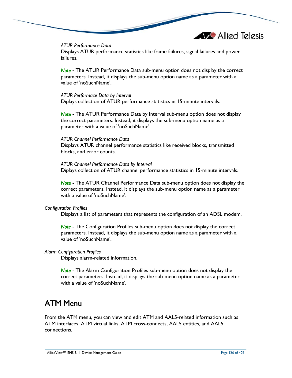 Atm menu | Allied Telesis AlliedView-EMS 3.11 DEVICE MANAGEMENT User Manual | Page 126 / 402
