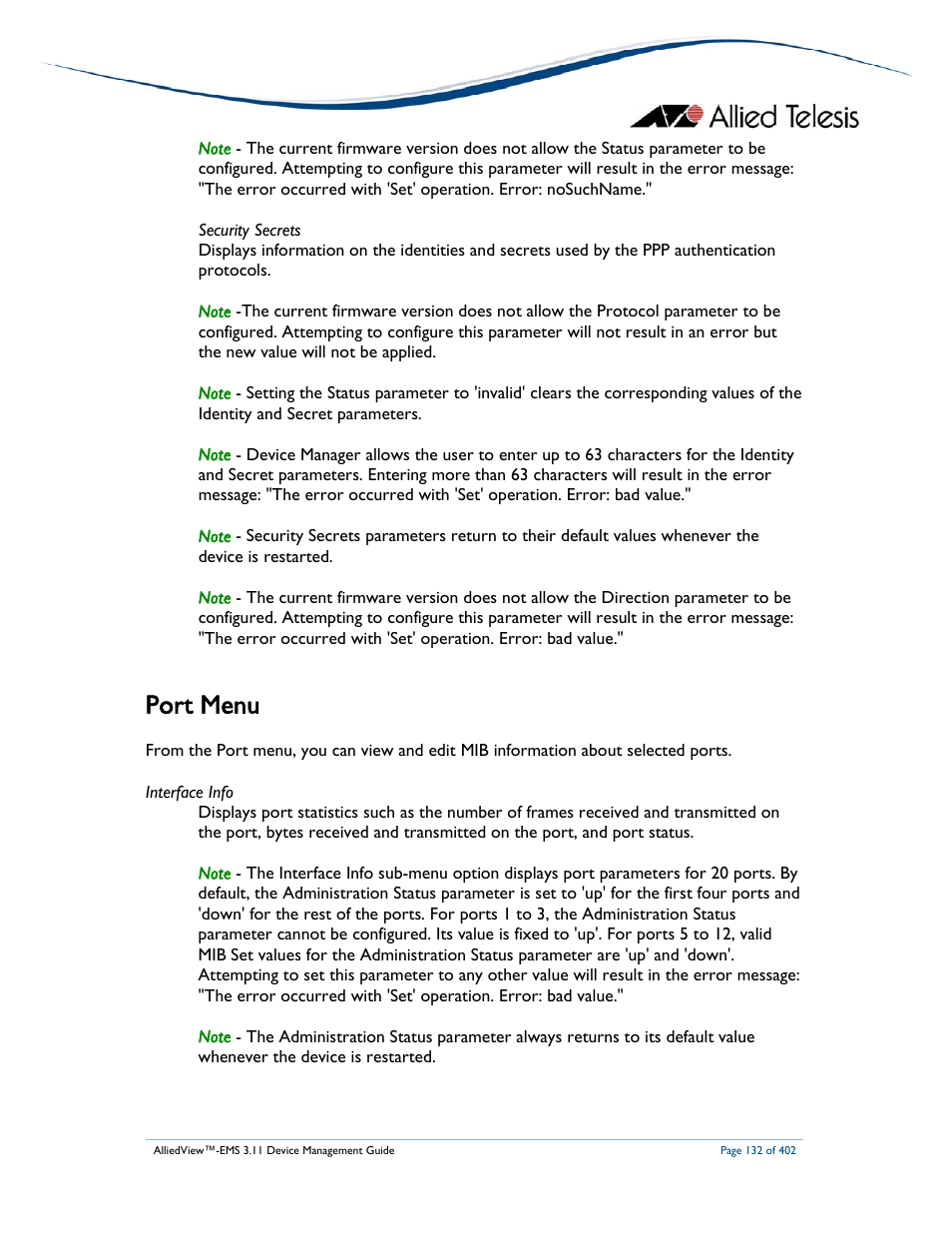 Port menu | Allied Telesis AlliedView-EMS 3.11 DEVICE MANAGEMENT User Manual | Page 132 / 402