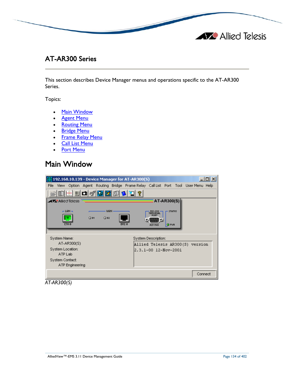 Main window, At-ar300 series | Allied Telesis AlliedView-EMS 3.11 DEVICE MANAGEMENT User Manual | Page 134 / 402