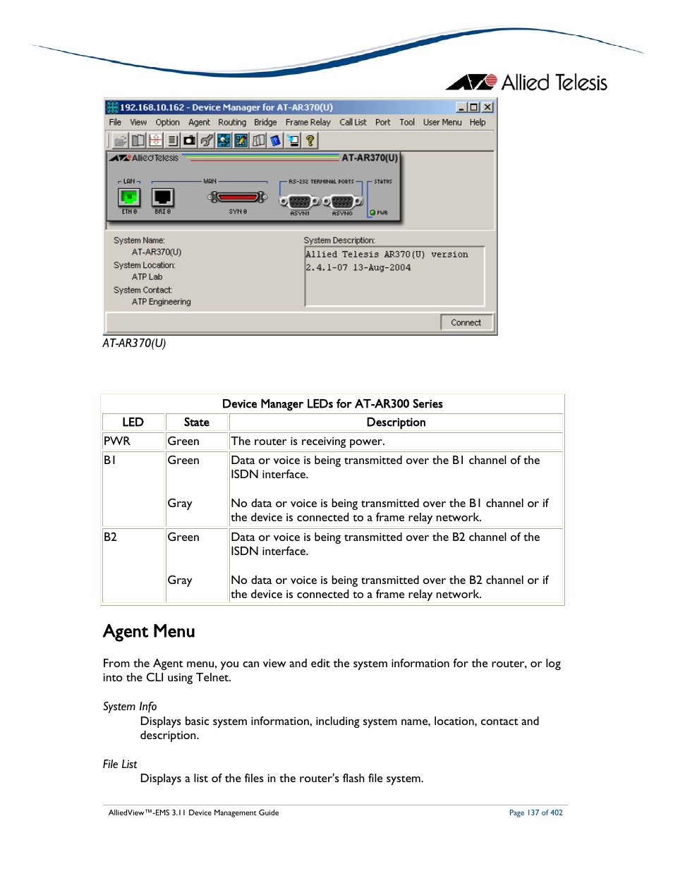 Agent menu | Allied Telesis AlliedView-EMS 3.11 DEVICE MANAGEMENT User Manual | Page 137 / 402