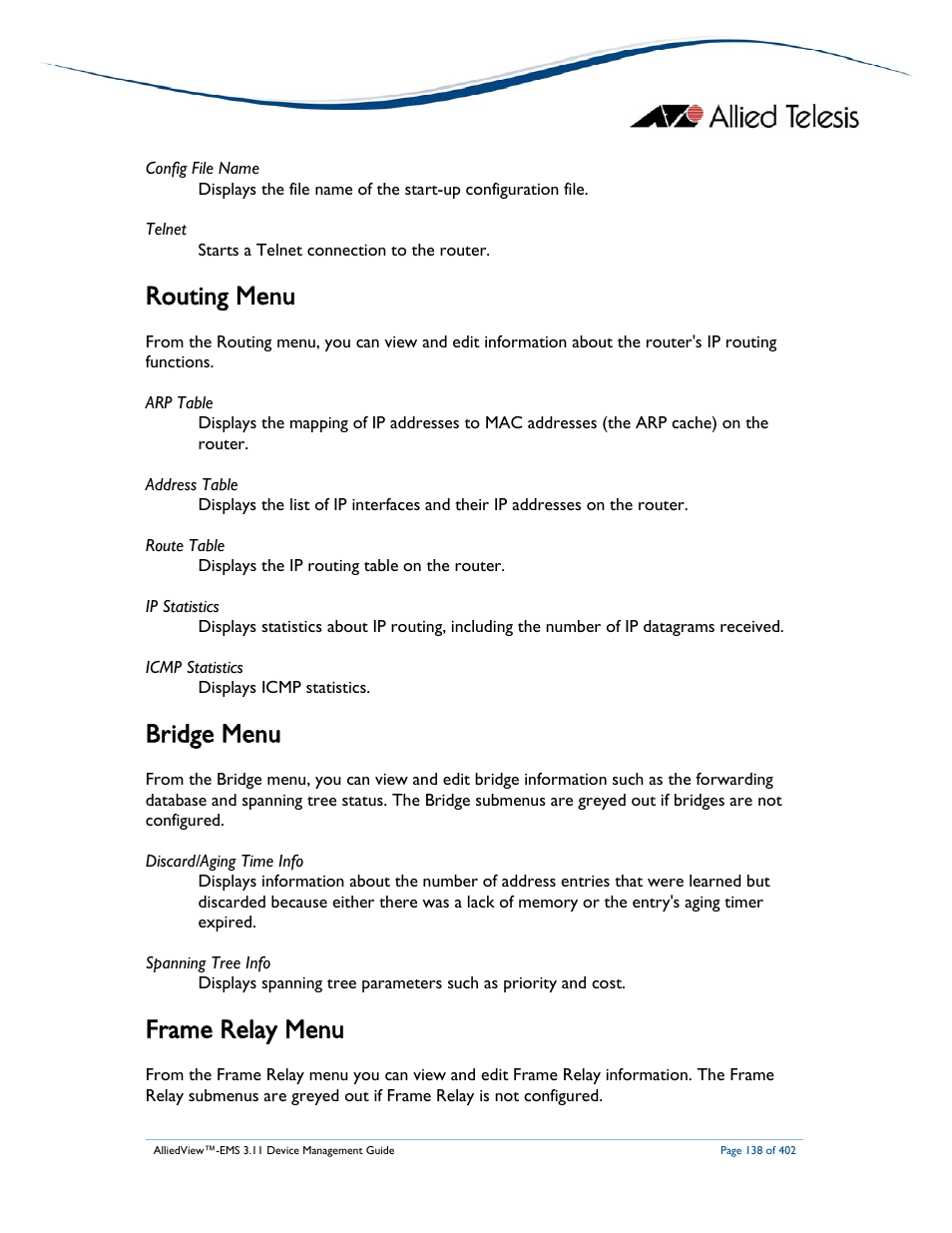 Routing menu, Bridge menu, Frame relay menu | Allied Telesis AlliedView-EMS 3.11 DEVICE MANAGEMENT User Manual | Page 138 / 402
