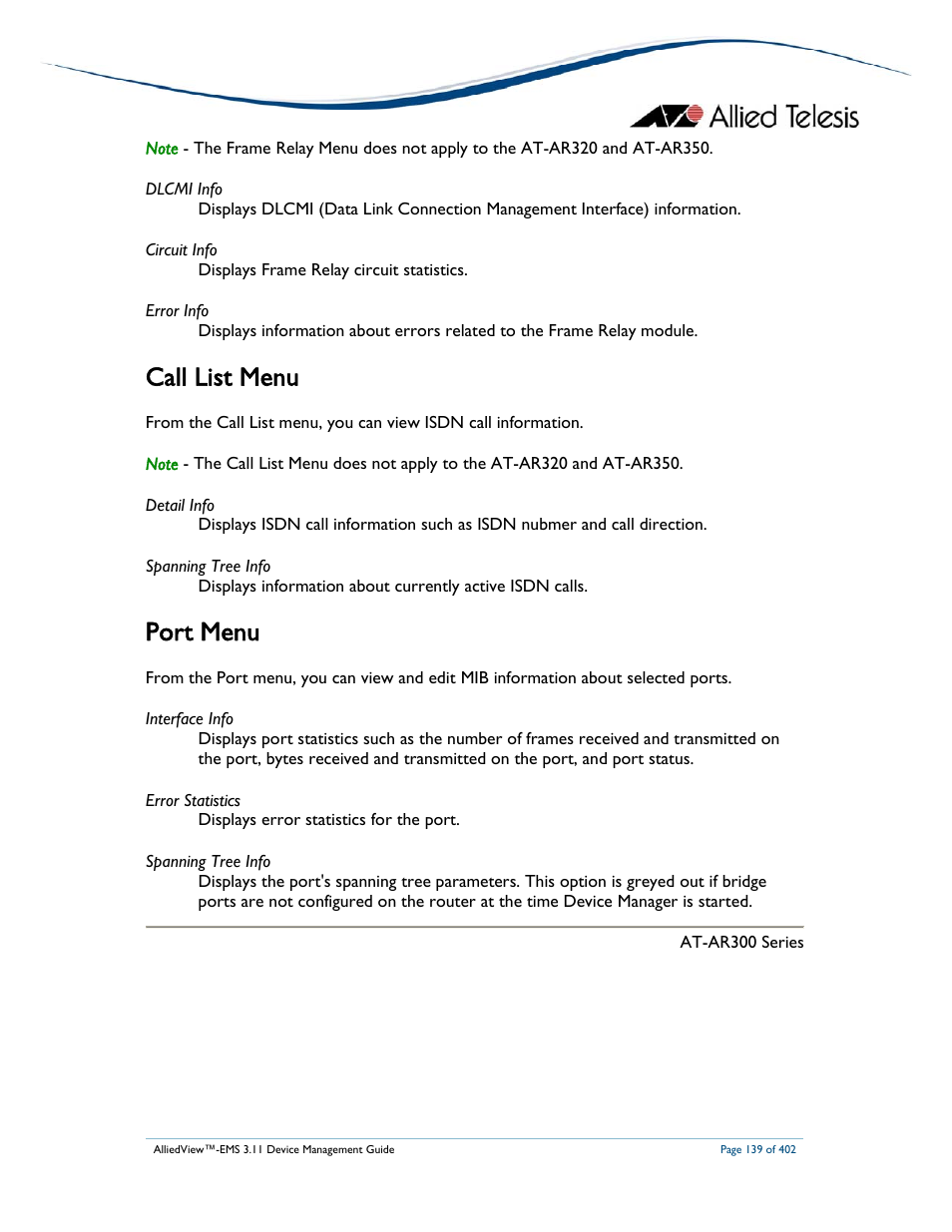 Call list menu, Port menu | Allied Telesis AlliedView-EMS 3.11 DEVICE MANAGEMENT User Manual | Page 139 / 402