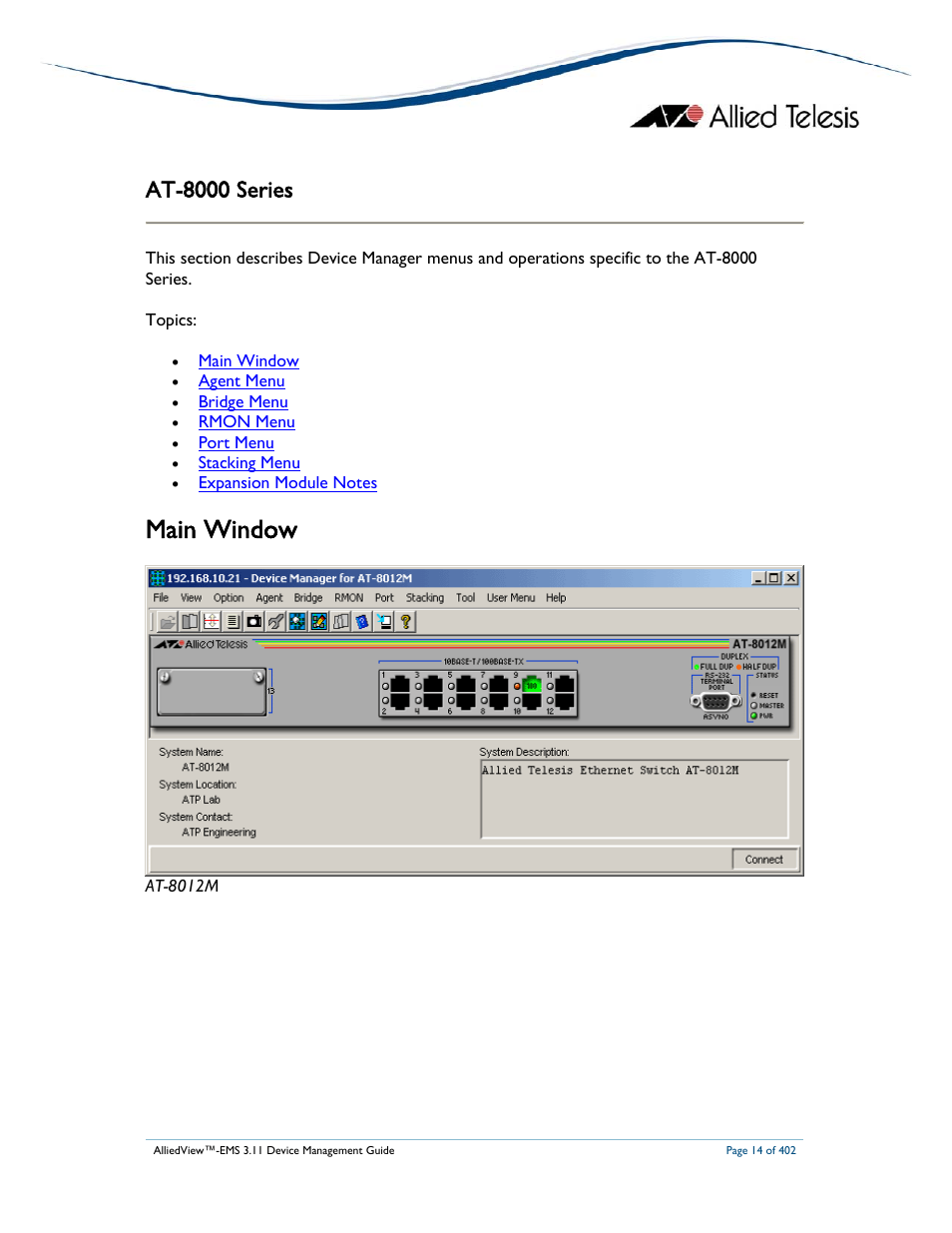 Main window, At-8000 series | Allied Telesis AlliedView-EMS 3.11 DEVICE MANAGEMENT User Manual | Page 14 / 402