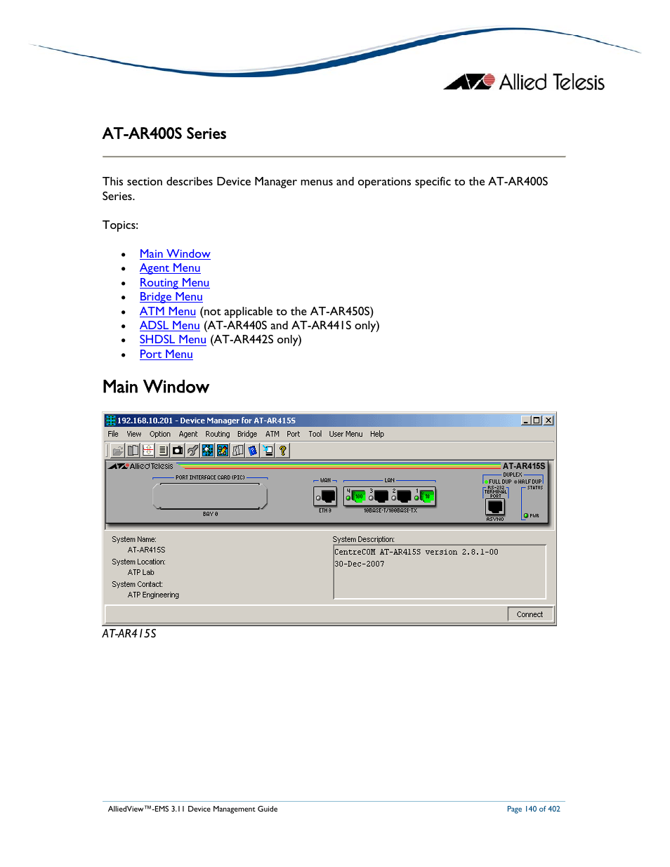 Main window, At-ar400s series | Allied Telesis AlliedView-EMS 3.11 DEVICE MANAGEMENT User Manual | Page 140 / 402