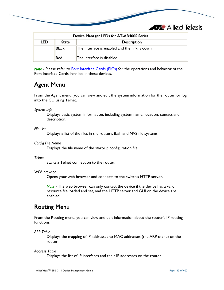 Agent menu, Routing menu | Allied Telesis AlliedView-EMS 3.11 DEVICE MANAGEMENT User Manual | Page 143 / 402