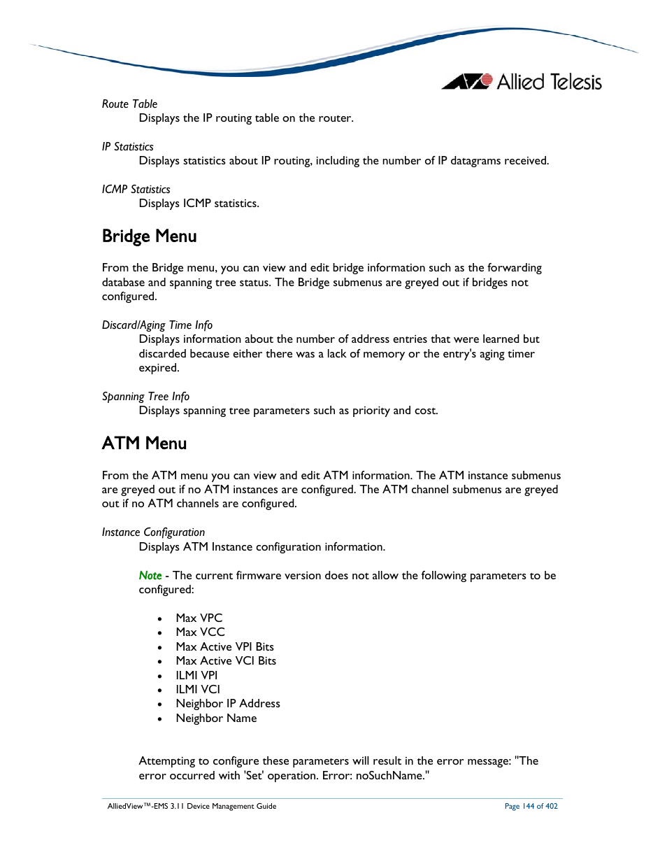 Bridge menu, Atm menu | Allied Telesis AlliedView-EMS 3.11 DEVICE MANAGEMENT User Manual | Page 144 / 402