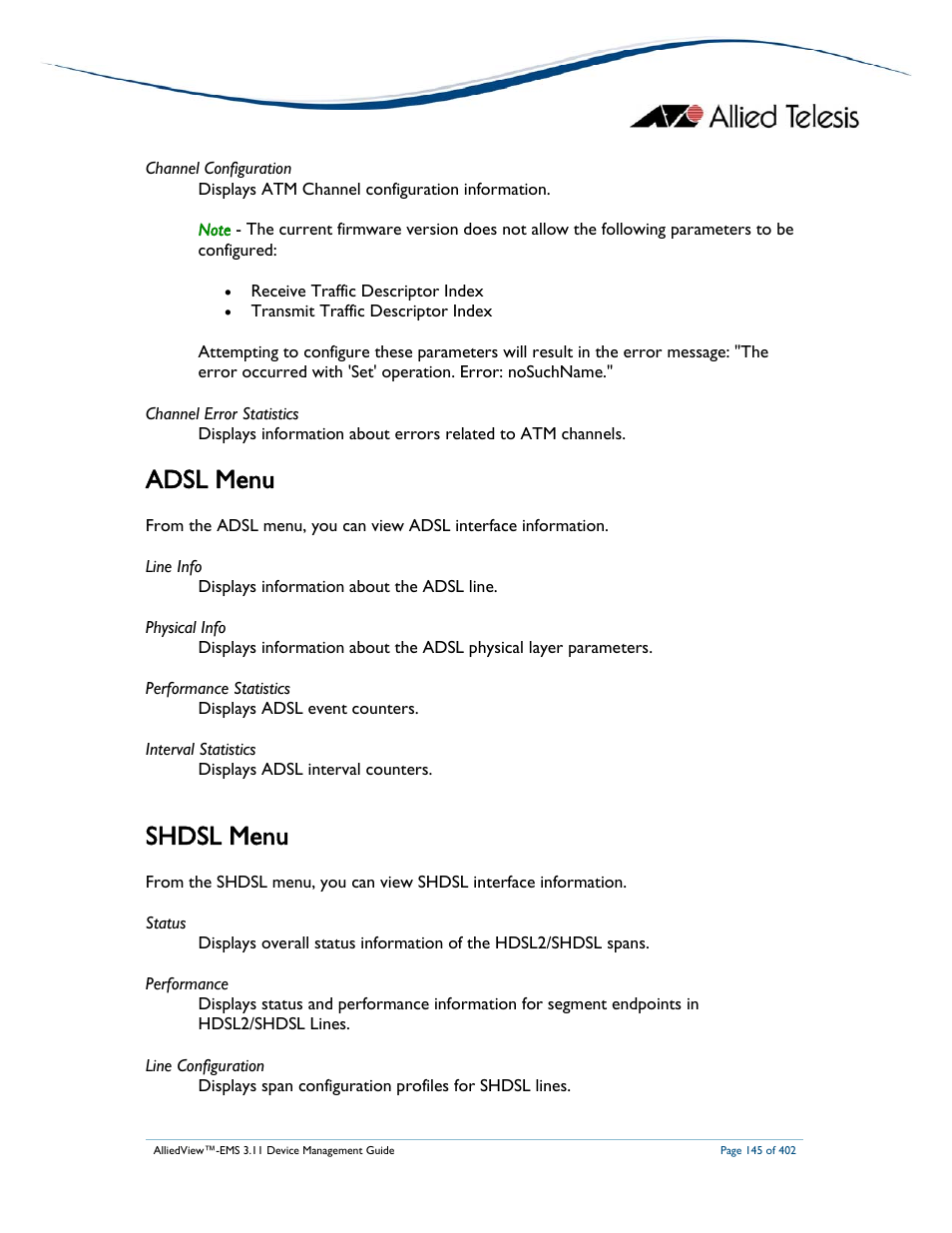 Adsl menu, Shdsl menu | Allied Telesis AlliedView-EMS 3.11 DEVICE MANAGEMENT User Manual | Page 145 / 402