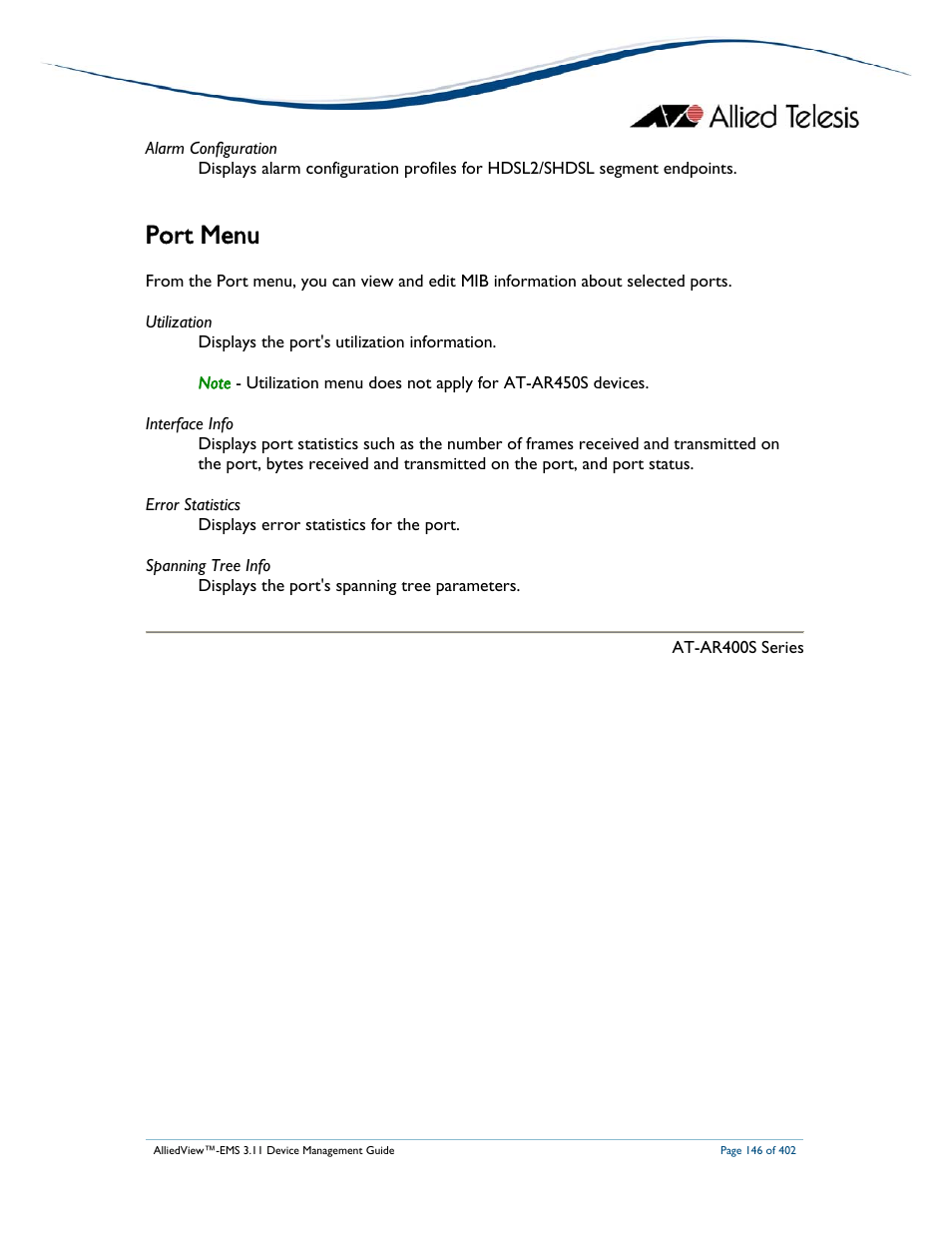 Port menu | Allied Telesis AlliedView-EMS 3.11 DEVICE MANAGEMENT User Manual | Page 146 / 402