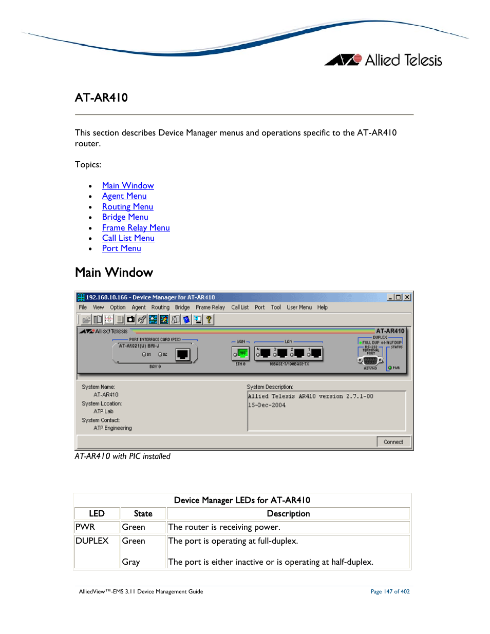 Main window, At-ar410 | Allied Telesis AlliedView-EMS 3.11 DEVICE MANAGEMENT User Manual | Page 147 / 402
