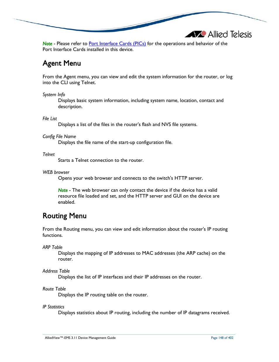 Agent menu, Routing menu | Allied Telesis AlliedView-EMS 3.11 DEVICE MANAGEMENT User Manual | Page 148 / 402