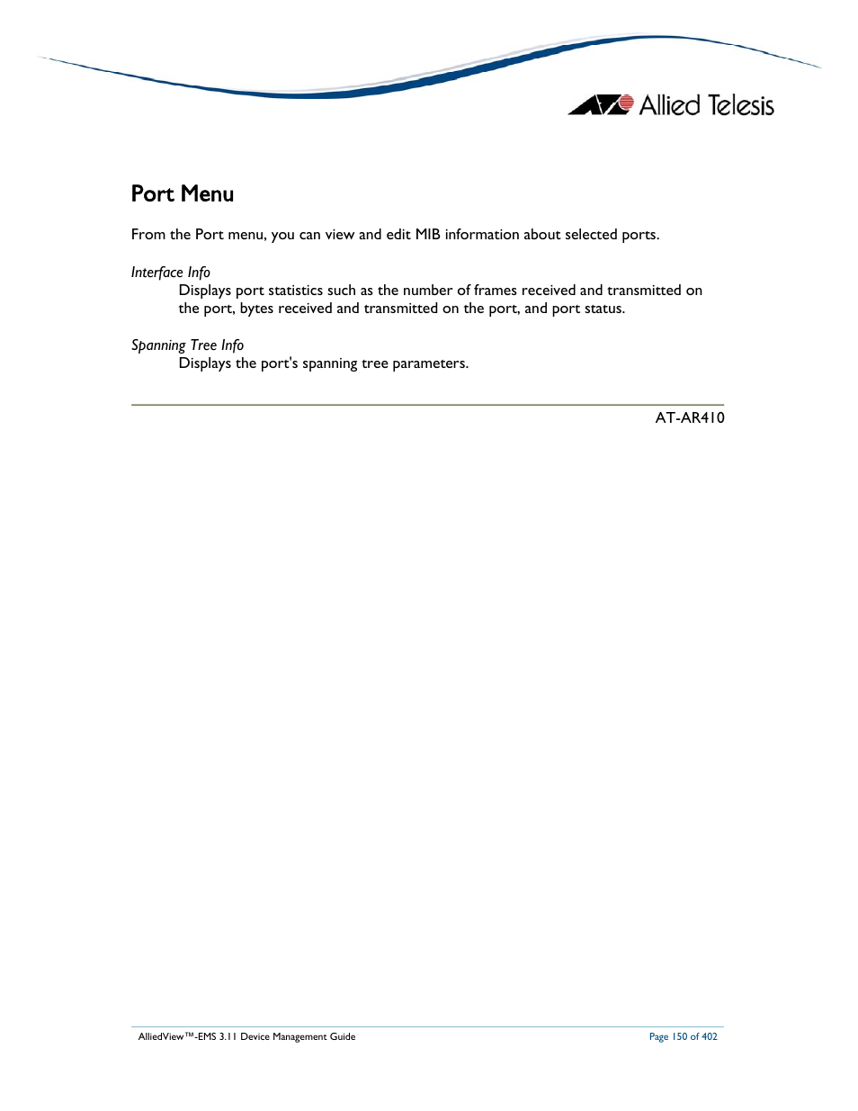 Port menu | Allied Telesis AlliedView-EMS 3.11 DEVICE MANAGEMENT User Manual | Page 150 / 402