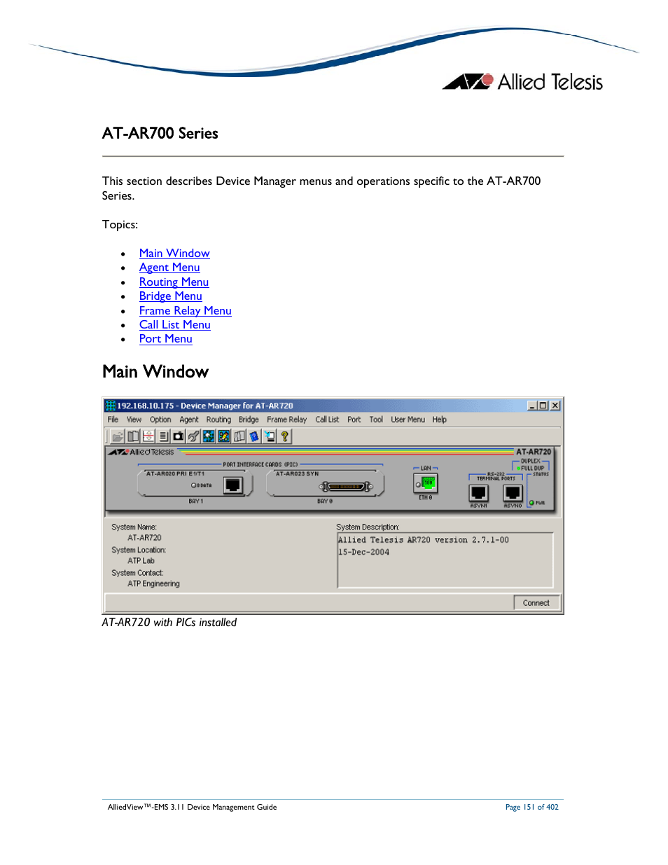 Main window, At-ar700 series | Allied Telesis AlliedView-EMS 3.11 DEVICE MANAGEMENT User Manual | Page 151 / 402