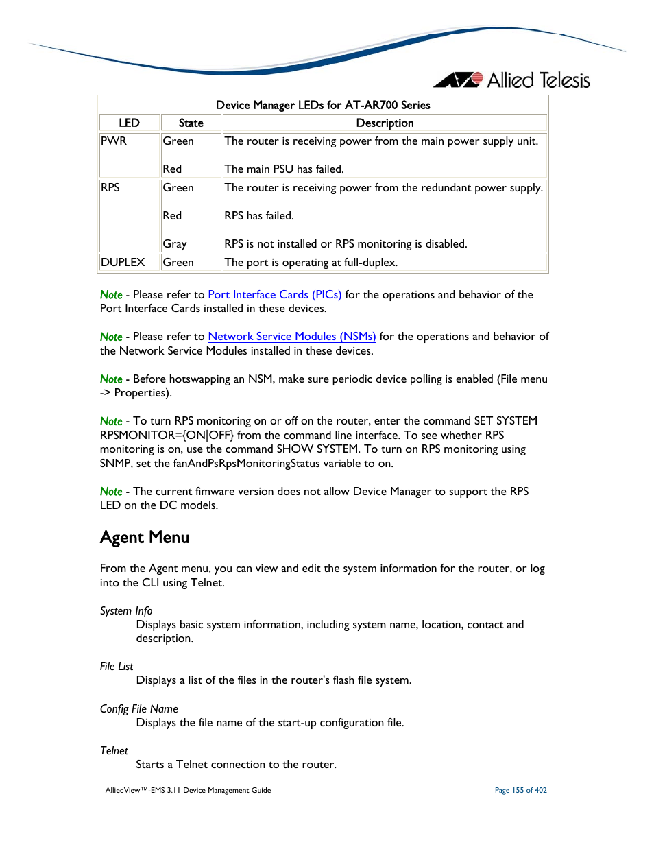 Agent menu | Allied Telesis AlliedView-EMS 3.11 DEVICE MANAGEMENT User Manual | Page 155 / 402