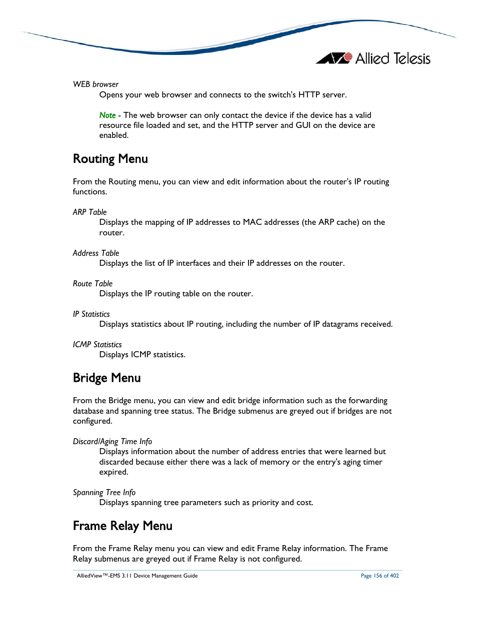 Routing menu, Bridge menu, Frame relay menu | Allied Telesis AlliedView-EMS 3.11 DEVICE MANAGEMENT User Manual | Page 156 / 402