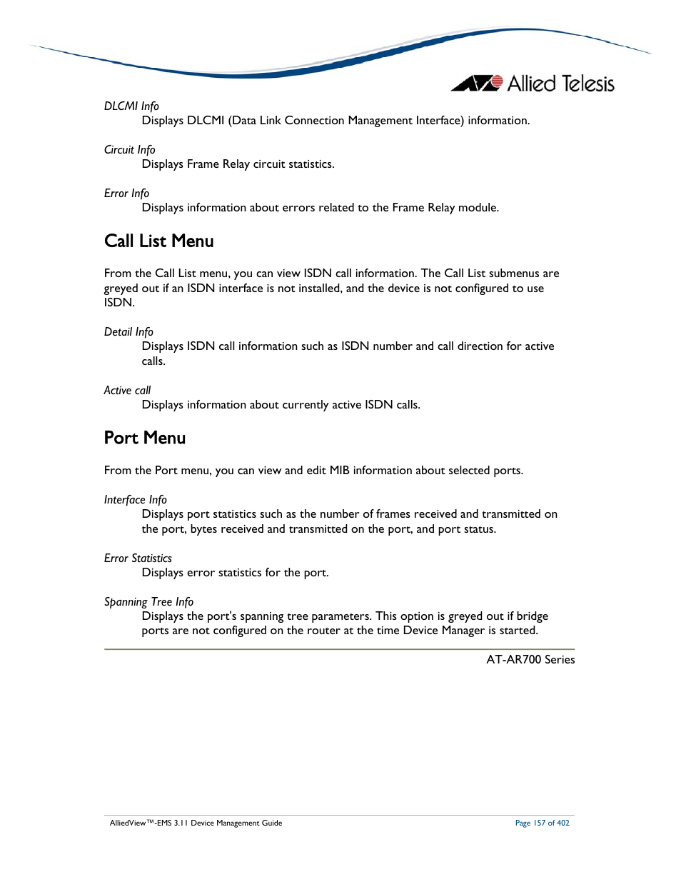 Call list menu, Port menu | Allied Telesis AlliedView-EMS 3.11 DEVICE MANAGEMENT User Manual | Page 157 / 402