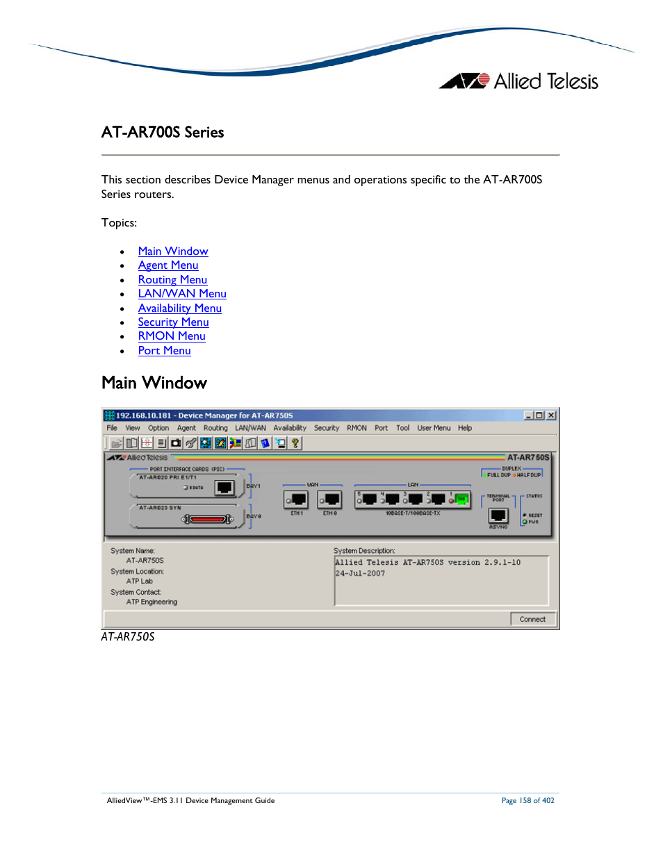 Main window, At-ar700s series | Allied Telesis AlliedView-EMS 3.11 DEVICE MANAGEMENT User Manual | Page 158 / 402