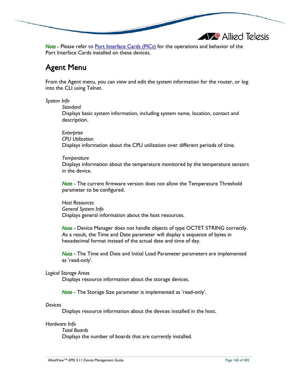 Agent menu | Allied Telesis AlliedView-EMS 3.11 DEVICE MANAGEMENT User Manual | Page 160 / 402