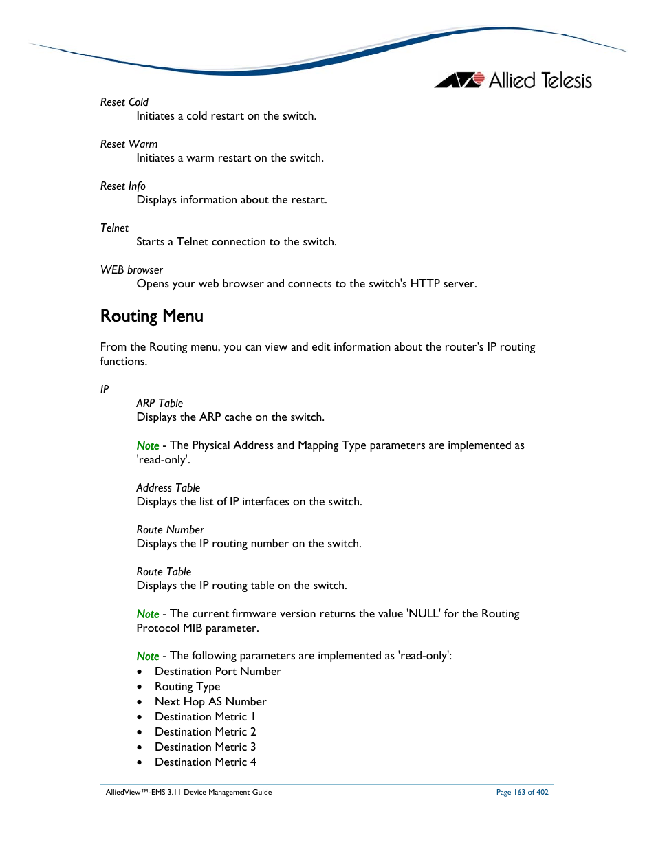 Routing menu | Allied Telesis AlliedView-EMS 3.11 DEVICE MANAGEMENT User Manual | Page 163 / 402