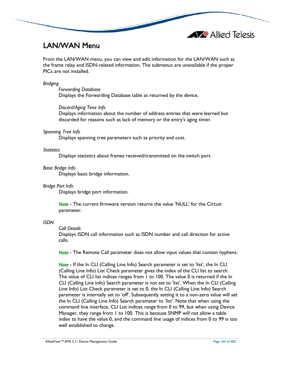 Lan/wan menu | Allied Telesis AlliedView-EMS 3.11 DEVICE MANAGEMENT User Manual | Page 165 / 402