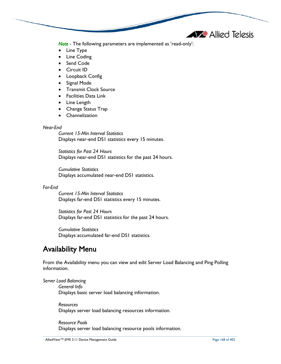 Availability menu | Allied Telesis AlliedView-EMS 3.11 DEVICE MANAGEMENT User Manual | Page 168 / 402