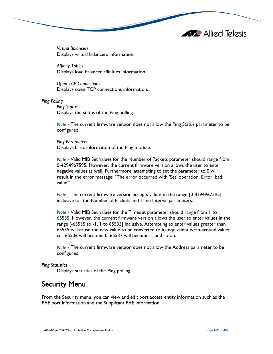 Security menu | Allied Telesis AlliedView-EMS 3.11 DEVICE MANAGEMENT User Manual | Page 169 / 402