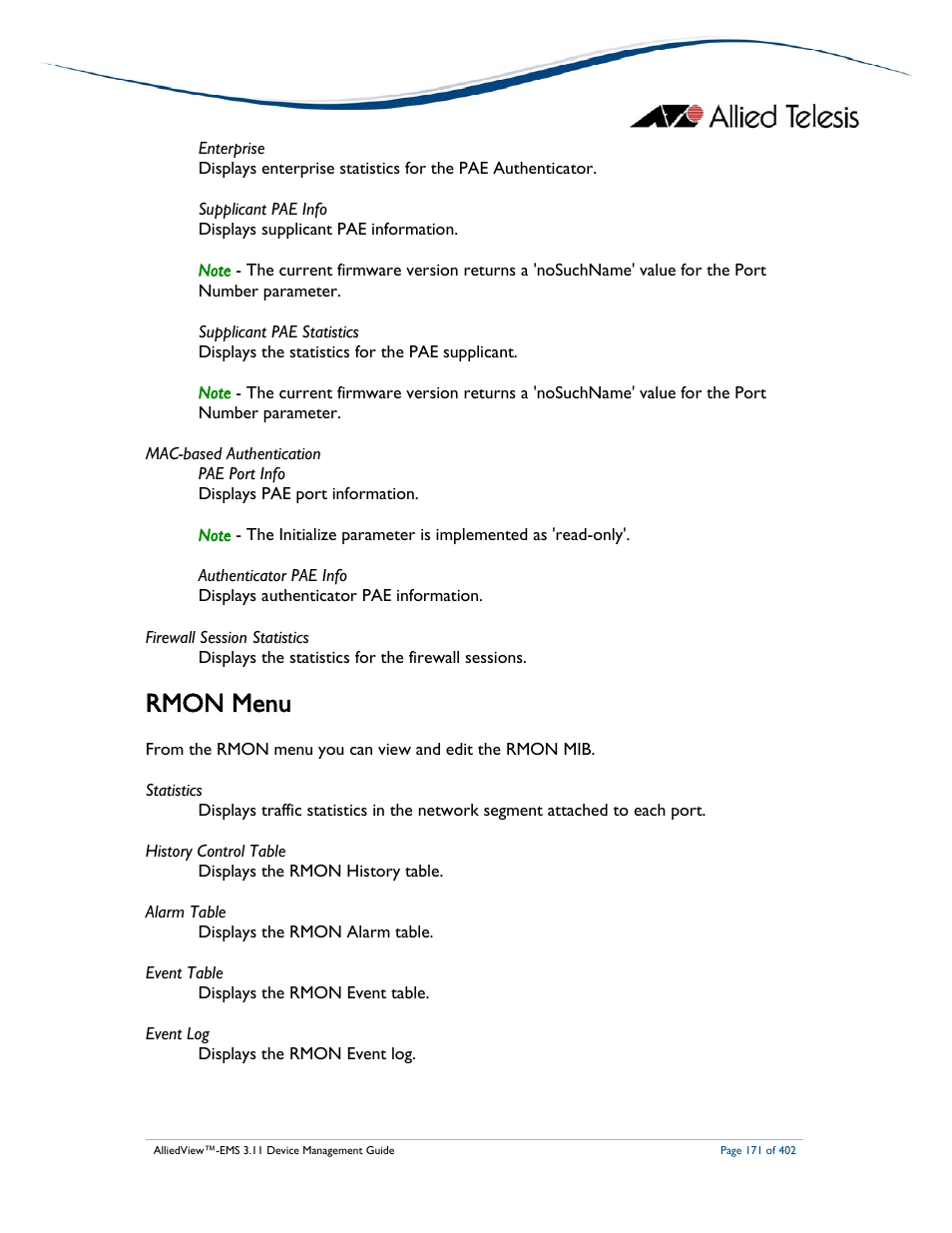 Rmon menu | Allied Telesis AlliedView-EMS 3.11 DEVICE MANAGEMENT User Manual | Page 171 / 402