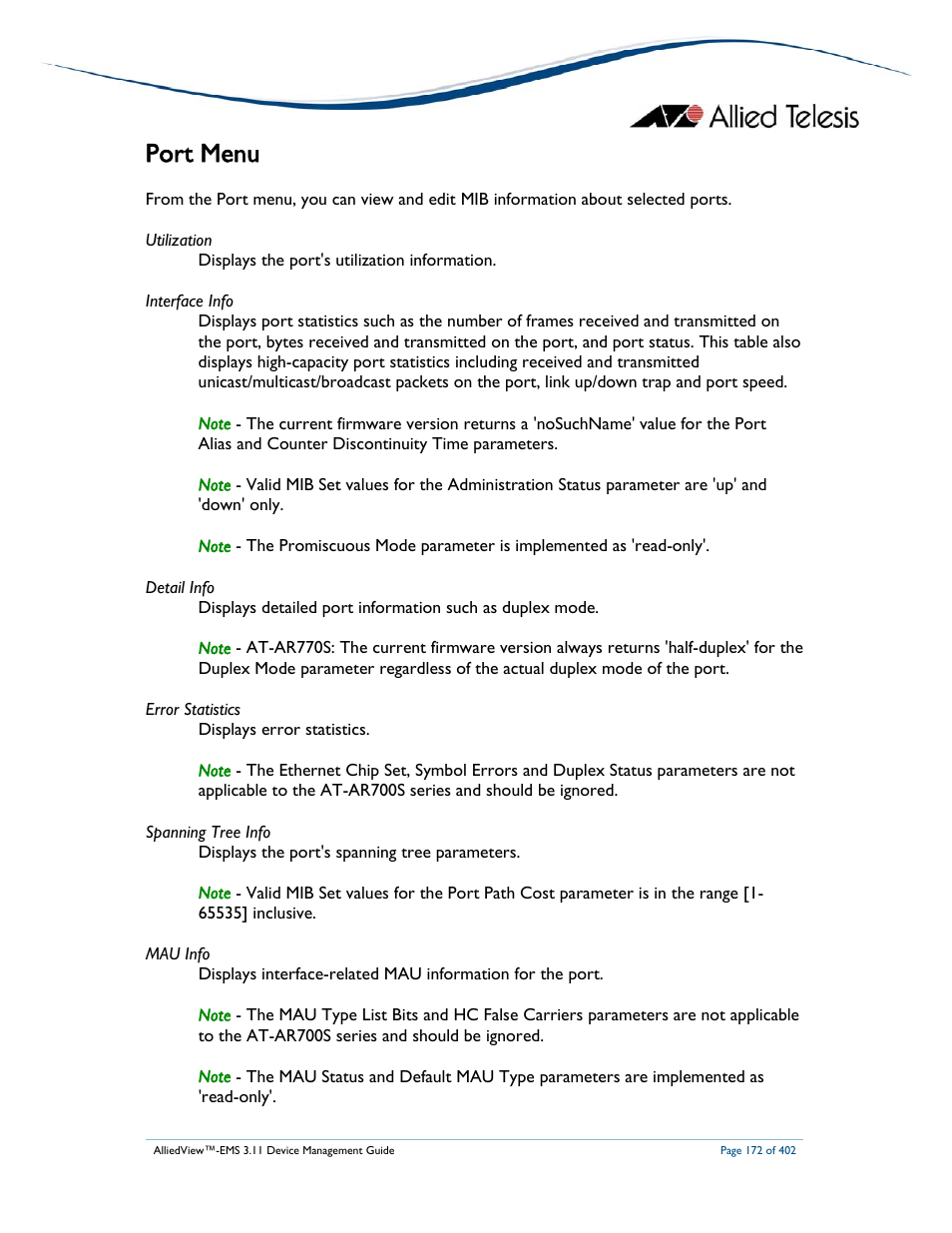Port menu | Allied Telesis AlliedView-EMS 3.11 DEVICE MANAGEMENT User Manual | Page 172 / 402