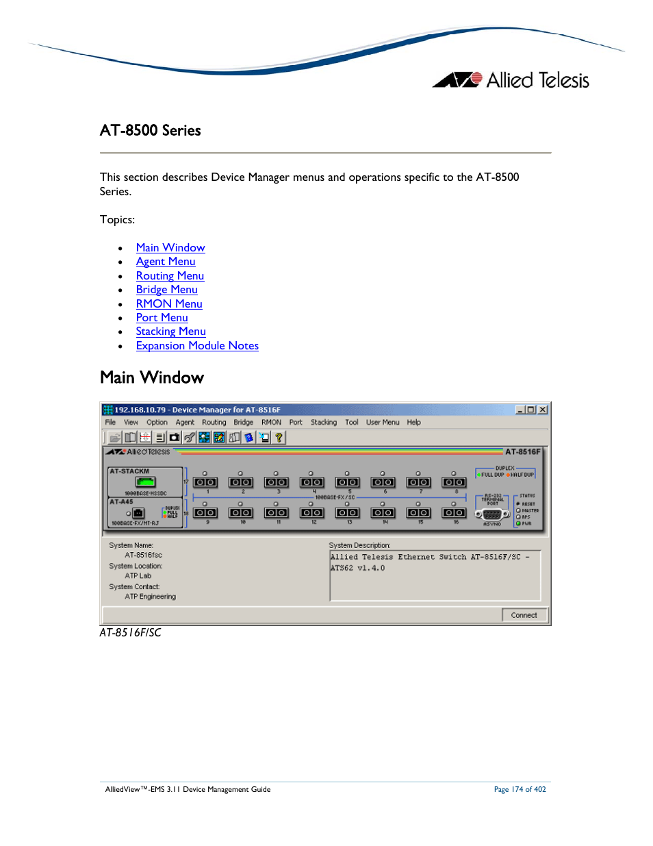 Main window, At-8500 series | Allied Telesis AlliedView-EMS 3.11 DEVICE MANAGEMENT User Manual | Page 174 / 402
