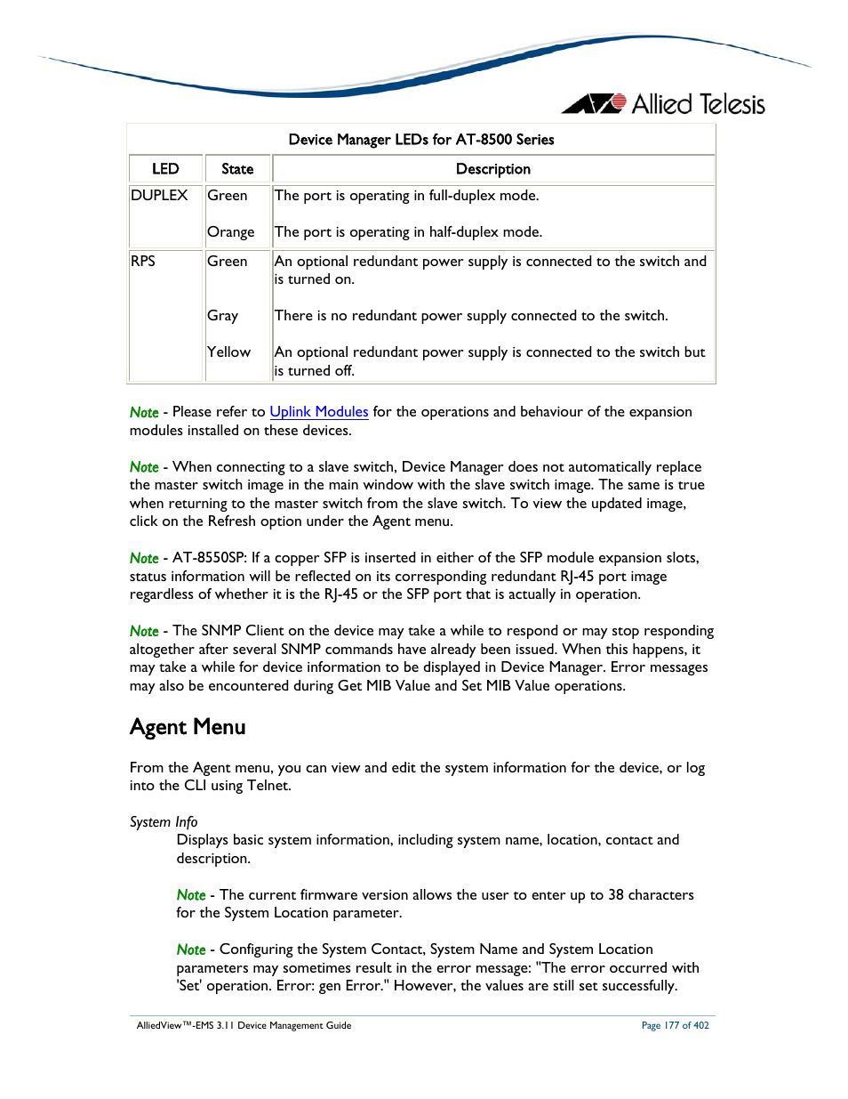 Agent menu | Allied Telesis AlliedView-EMS 3.11 DEVICE MANAGEMENT User Manual | Page 177 / 402