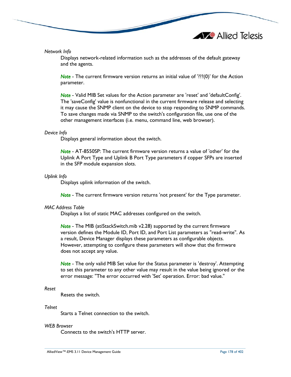 Allied Telesis AlliedView-EMS 3.11 DEVICE MANAGEMENT User Manual | Page 178 / 402