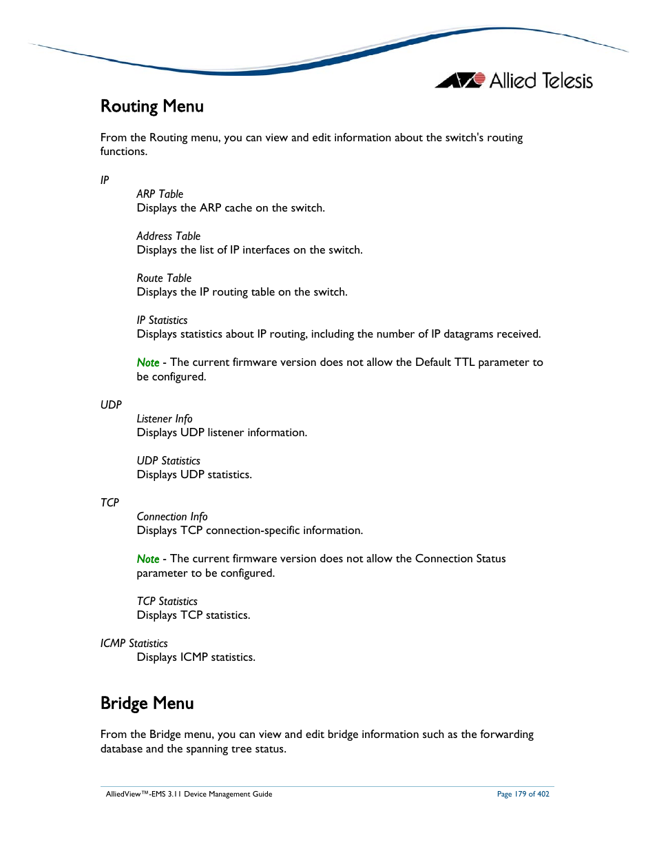 Routing menu, Bridge menu | Allied Telesis AlliedView-EMS 3.11 DEVICE MANAGEMENT User Manual | Page 179 / 402