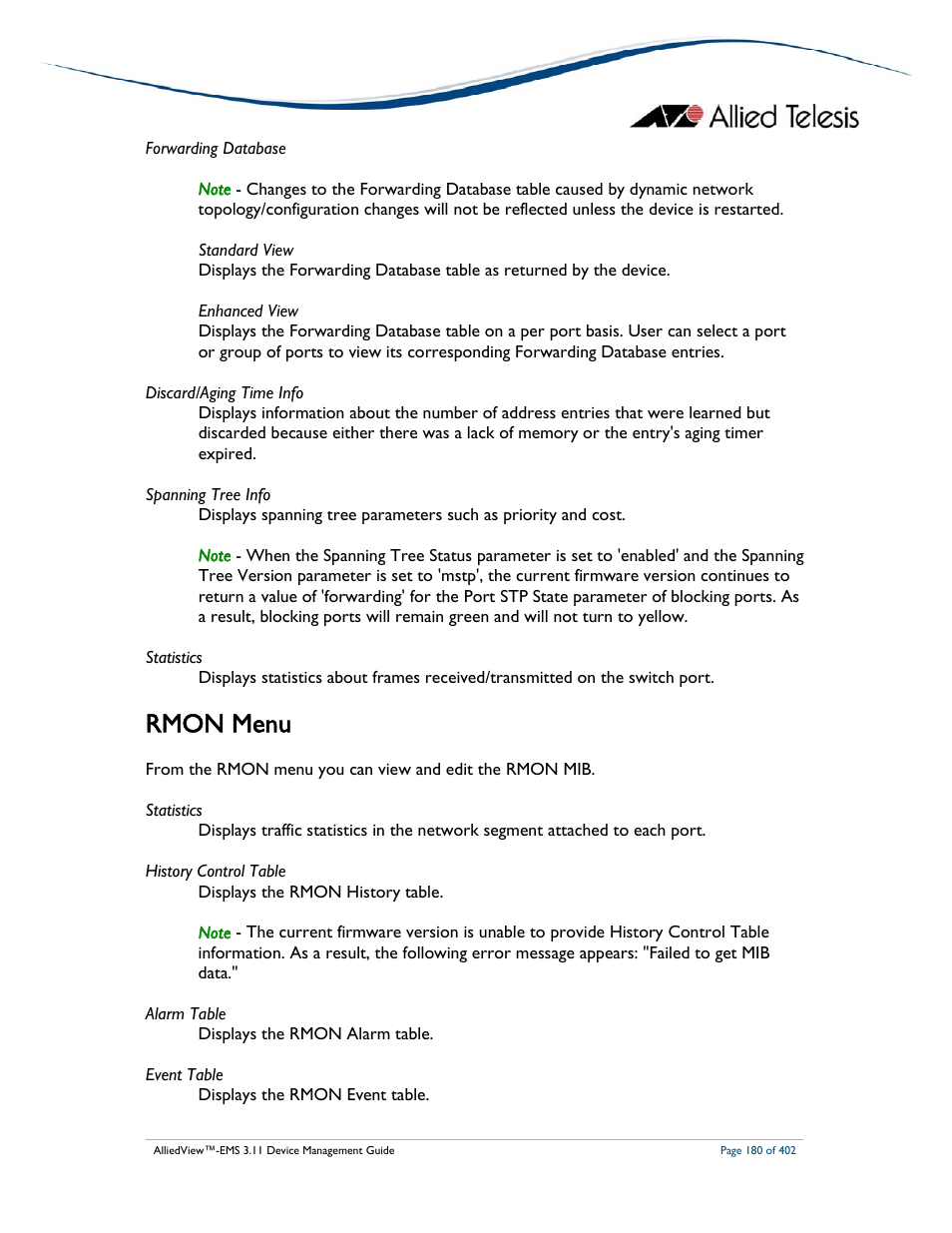 Rmon menu | Allied Telesis AlliedView-EMS 3.11 DEVICE MANAGEMENT User Manual | Page 180 / 402