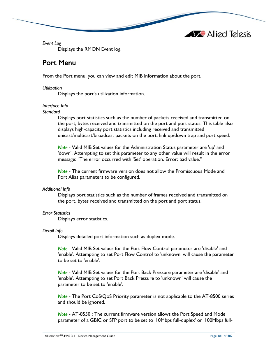 Port menu | Allied Telesis AlliedView-EMS 3.11 DEVICE MANAGEMENT User Manual | Page 181 / 402