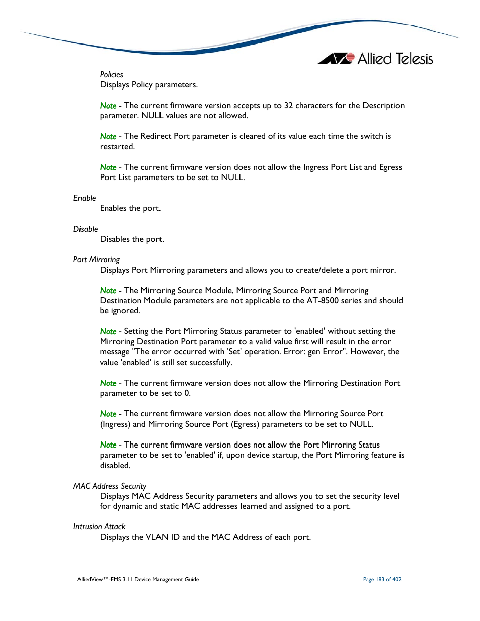 Allied Telesis AlliedView-EMS 3.11 DEVICE MANAGEMENT User Manual | Page 183 / 402