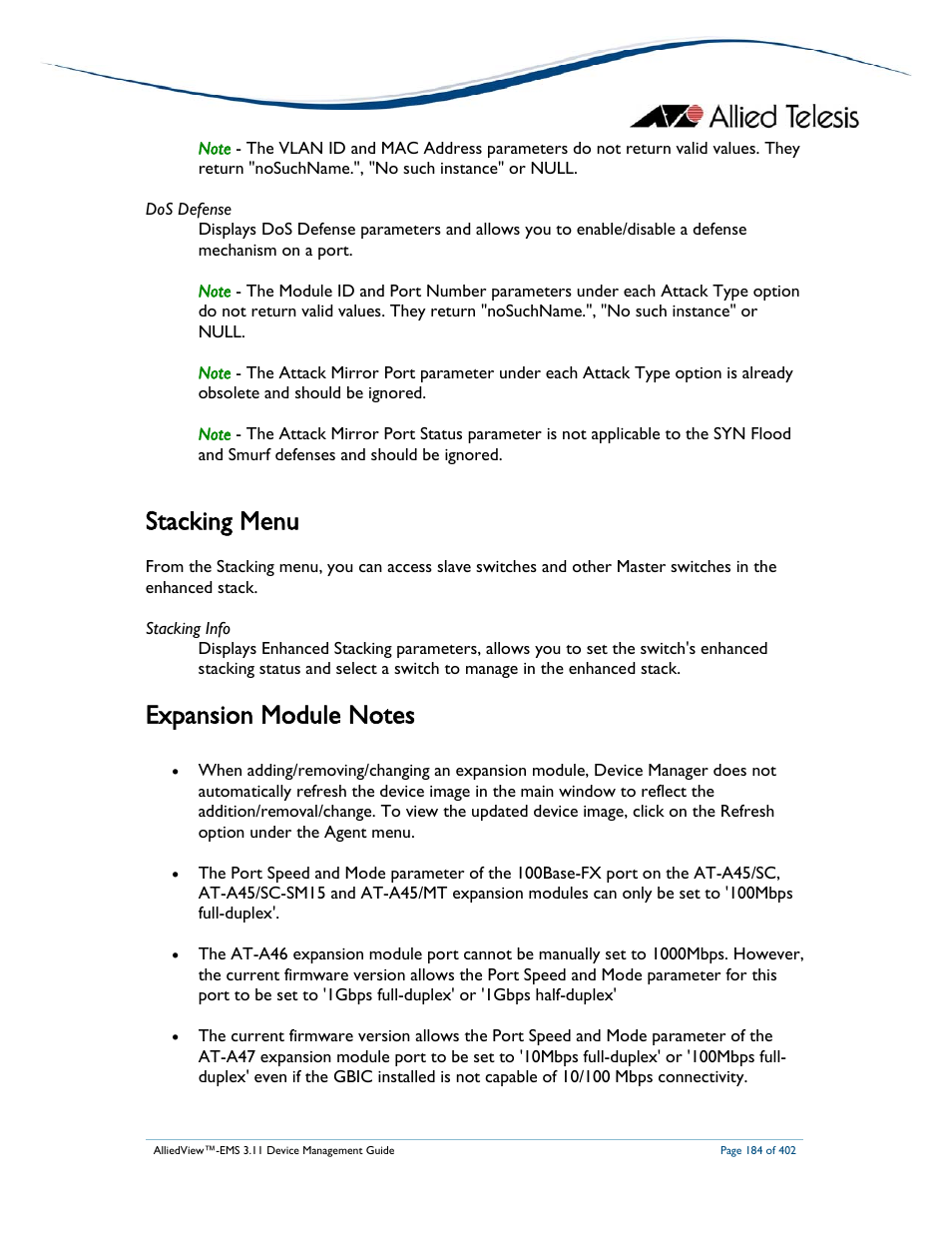 Stacking menu | Allied Telesis AlliedView-EMS 3.11 DEVICE MANAGEMENT User Manual | Page 184 / 402