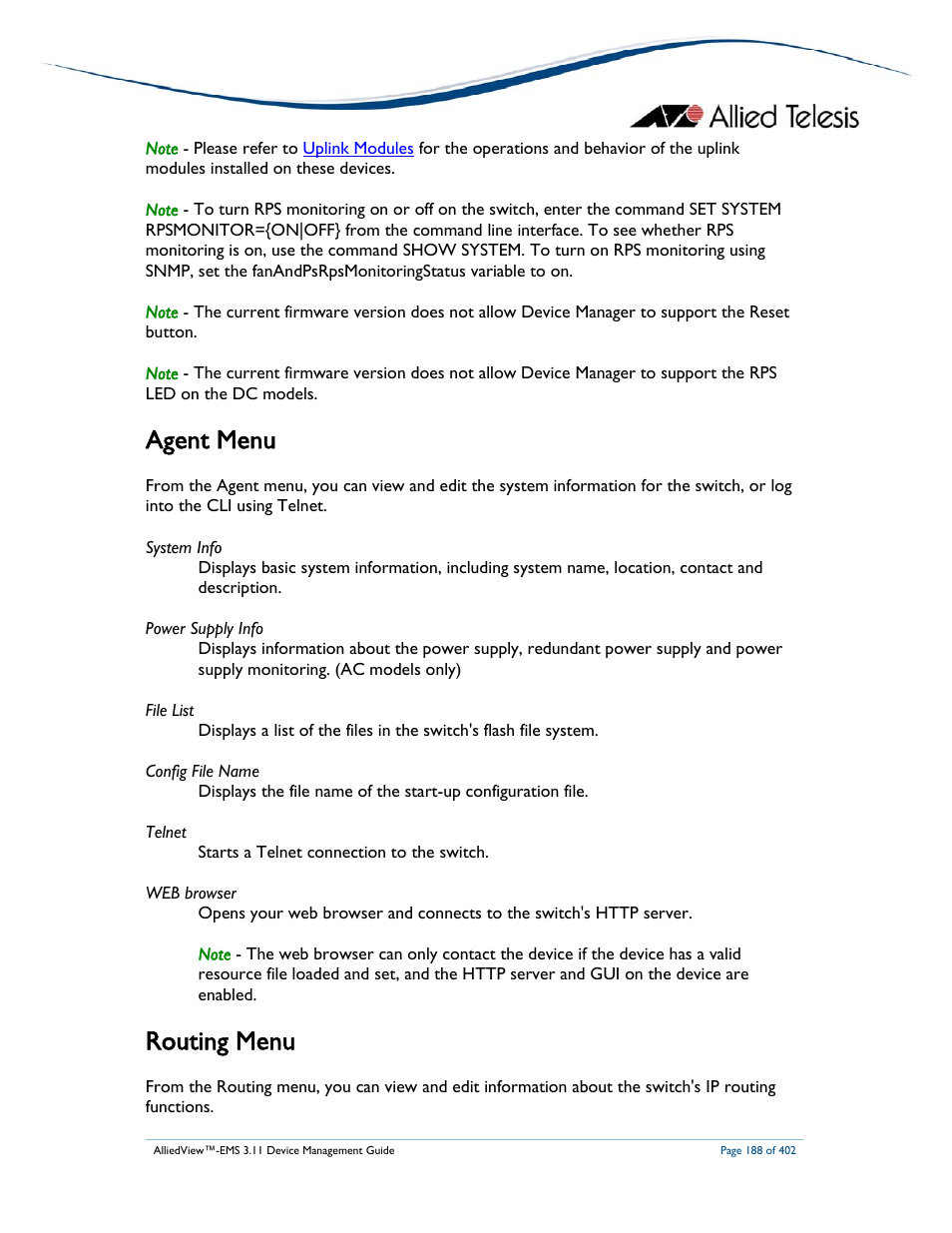 Agent menu, Routing menu | Allied Telesis AlliedView-EMS 3.11 DEVICE MANAGEMENT User Manual | Page 188 / 402
