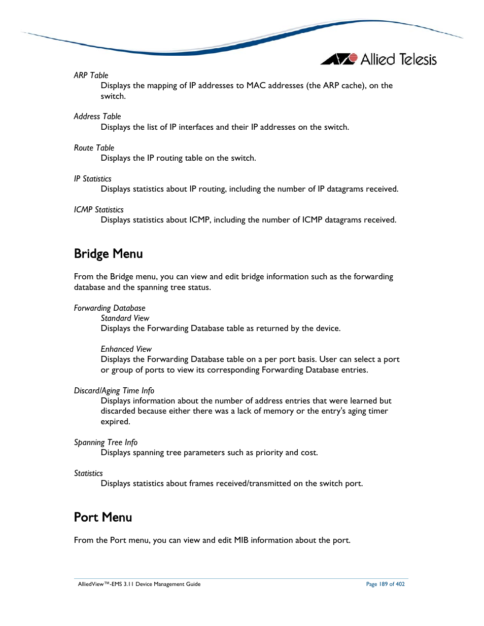 Bridge menu, Port menu | Allied Telesis AlliedView-EMS 3.11 DEVICE MANAGEMENT User Manual | Page 189 / 402