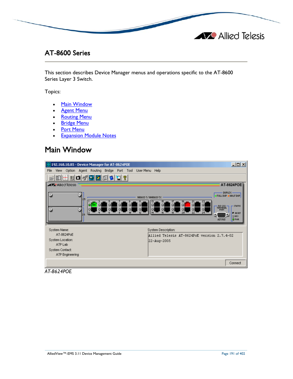 Main window, At-8600 series | Allied Telesis AlliedView-EMS 3.11 DEVICE MANAGEMENT User Manual | Page 191 / 402