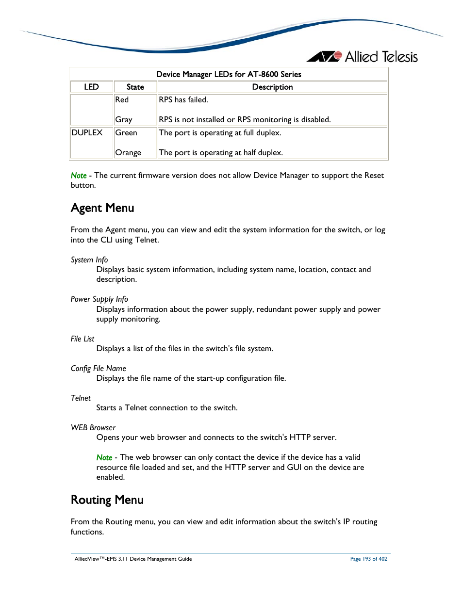 Agent menu, Routing menu | Allied Telesis AlliedView-EMS 3.11 DEVICE MANAGEMENT User Manual | Page 193 / 402