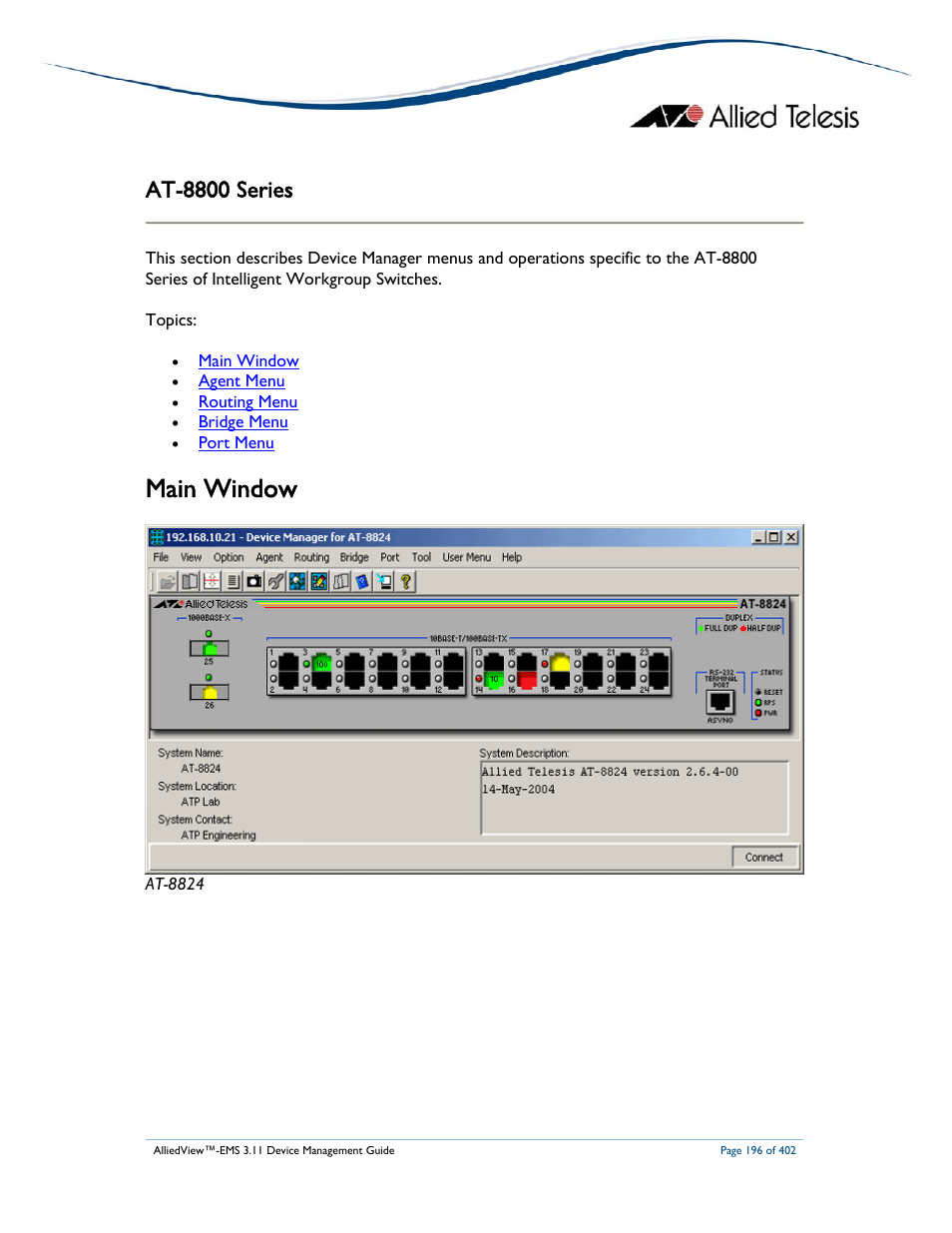 Main window, At-8800 series | Allied Telesis AlliedView-EMS 3.11 DEVICE MANAGEMENT User Manual | Page 196 / 402