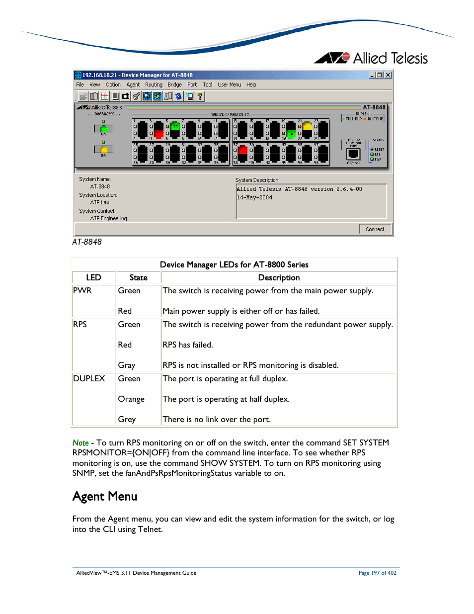 Agent menu | Allied Telesis AlliedView-EMS 3.11 DEVICE MANAGEMENT User Manual | Page 197 / 402