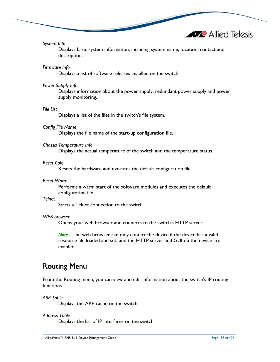 Routing menu | Allied Telesis AlliedView-EMS 3.11 DEVICE MANAGEMENT User Manual | Page 198 / 402